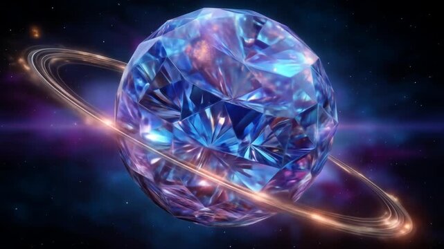 Abstract illustration of a sparkling gemstone planet with radiant rings
