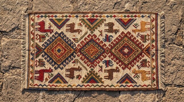 AI generated traditional Andean tapestry with llama motifs on stone wall