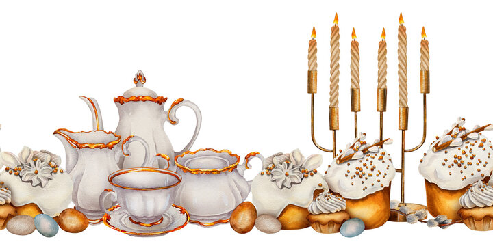 Watercolor seamless Easter border with tea set, traditional cakes, candles, eggs and pussy willow. Illustration for Easter tea party design, packaging, bakery branding and festive spring decor.