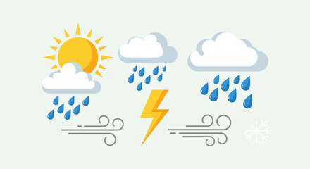 Obraz premium Weather forecast icons depicting various atmospheric conditions.
