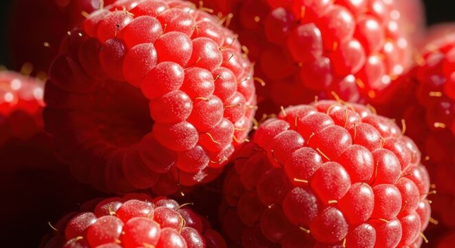 Macro view of ripe red raspberries showcasing their segmented drupelets and textured surface