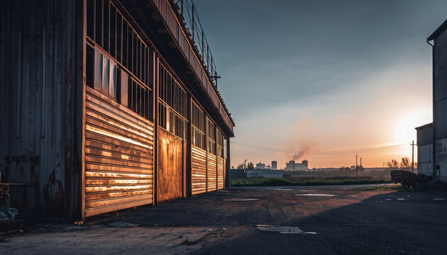 Rusty industrial building with sunset in the background.
