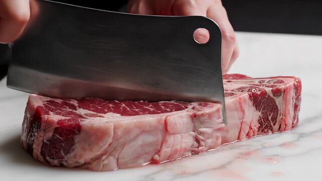 Chef Slicing Thick Raw Beef Steak With Meat Cleaver on Marble Cutting Board