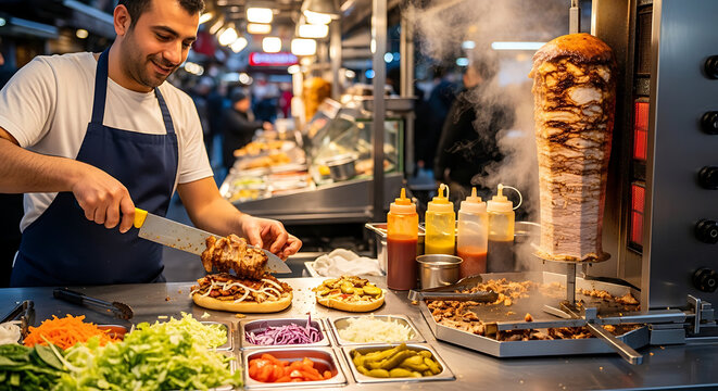 Chef preparing delicious shawarma sandwich with fresh ingredients at street food stall