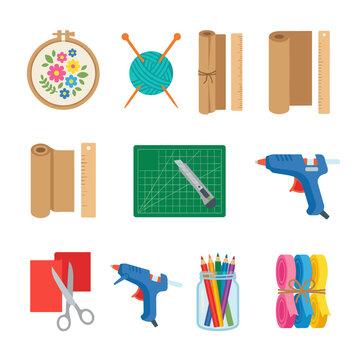 A collection of various handicraft and craft tools including an