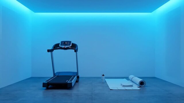 A modern home gym is assembled in a minimalist room. Blue ambient lighting enhances the clean and inspiring fitness space.