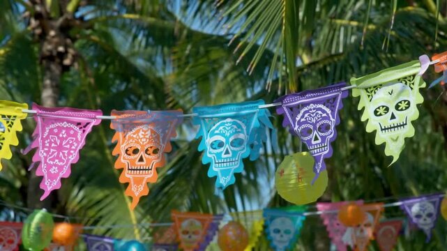 Colorful mexican fiesta flags under palm trees during sunset celebration Happy Cinco de mayo