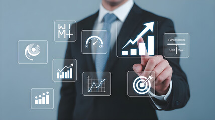 Naklejka premium Professional touching screen with data analytics graphs and KPI dashboard icons illustrating business performance and strategy