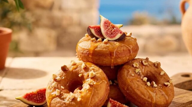Traditional Greek Loukoumades-style Donuts with Honey Drizzle, Crushed Walnuts, and Fresh Figs