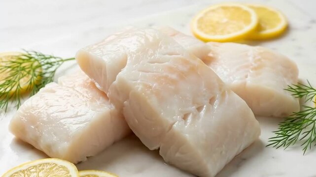 Fresh Raw Cod Fillets Garnish with Lemon Slices and Fresh Dill on a Marble Board