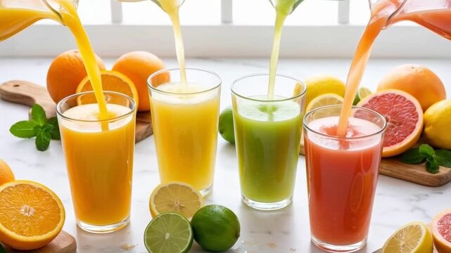Pouring an Assortment of Fresh Citrus Juices into Glasses on a Marble Surface