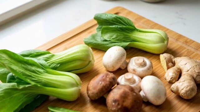 Fresh Asian Cooking Ingredients with Bok Choy, Mushrooms, Snow Peas, and Ginger on a Bamboo Cutting Board