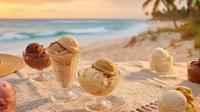 Assorted Ice Cream Bowls and Sundaes on a Beach Picnic Blanket at Sunset