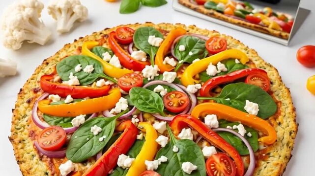 Healthy Vegetarian Cauliflower Crust Pizza with Vibrant Toppings in a Professional Food Photography Studio.