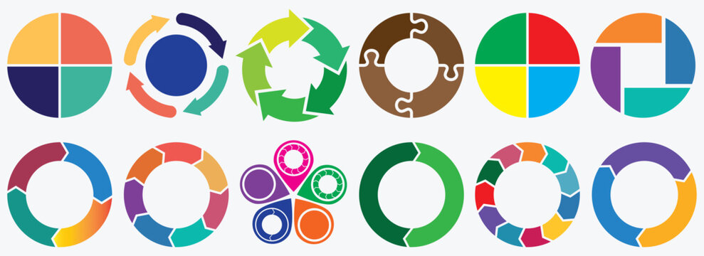 Pie charts diagram set. Circle arrows diagram.  Circular arrows with 2-5 steps, options. Process chart, cycle diagram for business brochure. vector eps 10