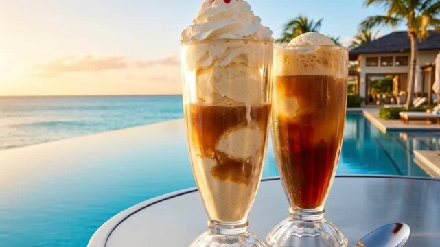 Classic Root Beer Float and Ice Cream Sundae by an Infinity Pool at Sunset.