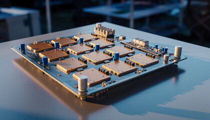 Fototapeta premium A circuit board with multiple electronic components and chips.
