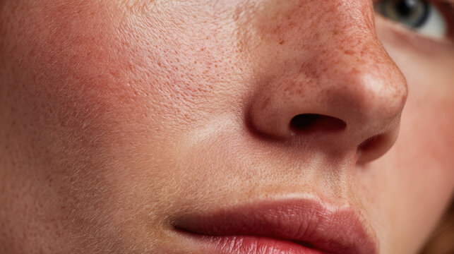 Closeup of human face with visible pores natural skin texture and mild redness showing skincare and dermatology concept