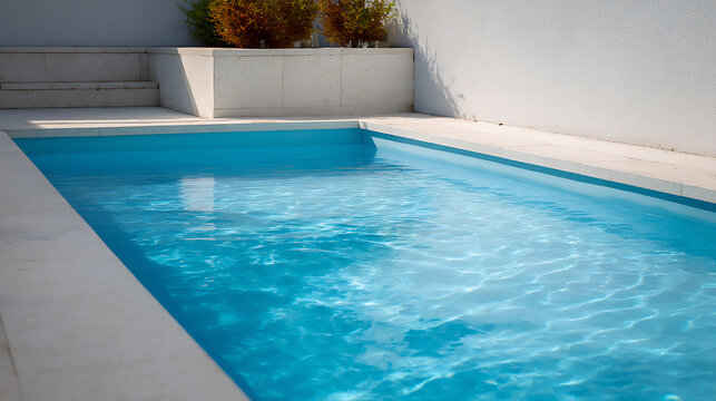 Inviting blue water of a clean, tranquil swimming pool on a sunny day, showcasing pristine, calm aquatic surface for relaxation and resort vibes