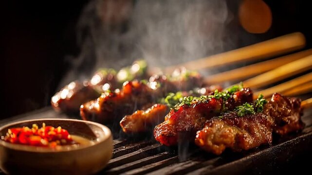 Mouthwatering barbecue skewers sizzling over glowing embers, a feast for the senses