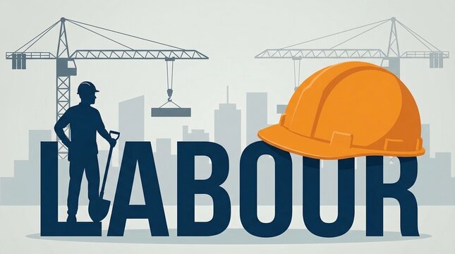 World labour day illustration with construction worker silhouette crane and helmet representing workforce development and industry