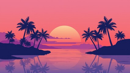 Obraz premium Tropical Paradise Gradient Sky Background: Vibrant Pink and Purple Sunset with Palm Tree Silhouettes for Summer Vacation Posters, Island Travel Branding, and Exotic Event Invites