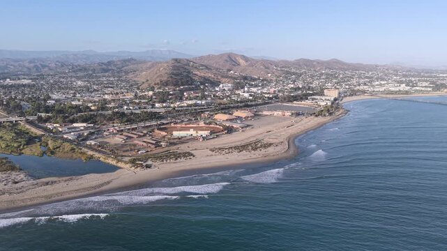 Ventura, California, City Town Coastal view of with ocean waves along the Pacific shoreline. Scenic Southern California beach.