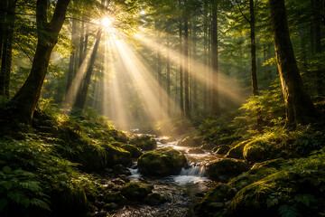 Obraz premium Sunlight rays piercing through dense forest canopy over mossy stream in serene woodland