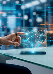 Fototapeta premium Future of cryptocurrency trading and investment: holographic data with Bitcoin and Ethereum accessed by finger on a mobile phone on a transparent surface.