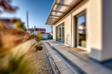 Obraz premium The exterior of a modern house with a patio and landscaped garden. Contemporary residential architecture and real estate property
