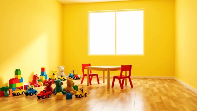An empty room transforms into a bright, colorful children's playroom. It features a table, chairs, and many toys for kids.