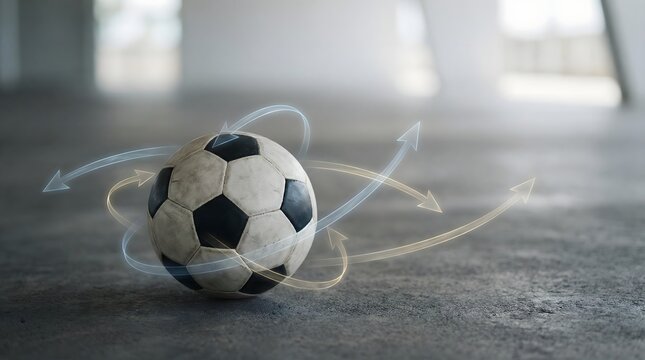 Soccer ball with directional arrows representing strategy and decision making in football business concept.