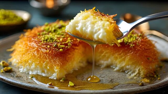Delicious Middle Eastern dessert with sweet cheese, crispy pastry, and pistachio topping