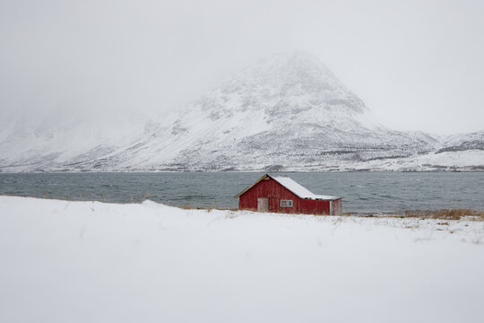 View of a solitary red cabin braving the snowy plains against a muted, snow-capped mountain and cold sea, Lyngen, Troms, Norway.
