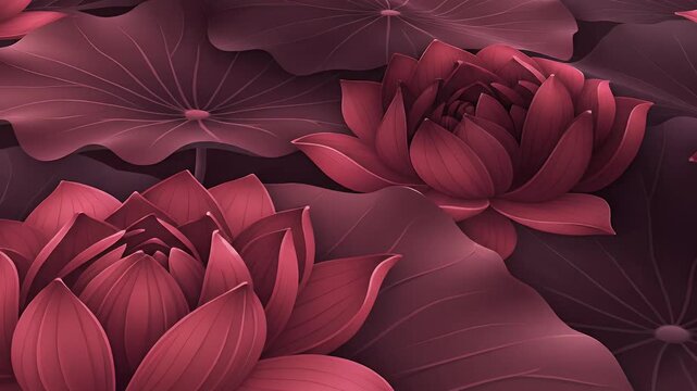 Close-up of lush, layered lotus petals and leaves in rich, deep shades of rose and plum