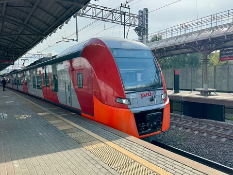 Russia, Moscow, August 12, 2025 Lastochka electric train in summer