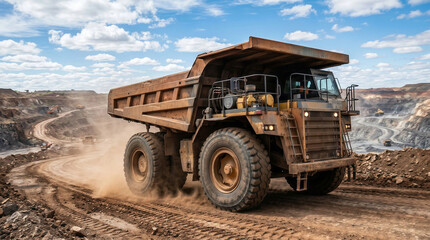 Obraz premium Massive yellow heavy dump truck driving on a dusty dirt road inside an open pit mining quarry industrial field