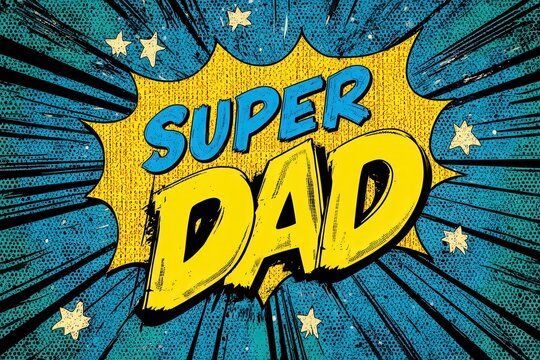 A vibrant comic book style illustration proclaims super dad with bold lettering and dynamic starbursts