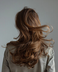 Naklejka premium wind blowing long hair forming spiral motion, back view, neutral background