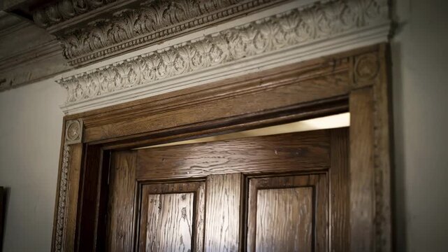 Focused medium shot of decorative crown molding surrounding a doorway emphasizing craftsmanship with a hazy inn corridor behind.