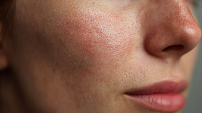Closeup of female cheek with mild redness and healing dermatitis showing textured skin, visible pores, and facial irritation in soft light