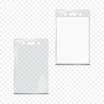 Clear plastic vertical badge holder. Empty and with paper ID name card inside. Realistic 3d vector mock-up. Transparent PVC sleeve envelope with hanging slot. Mockup. Template for design