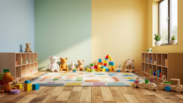 Empty room transforms into a vibrant, playful children's space. Bright and colorful playroom filled with toys and natural light.
