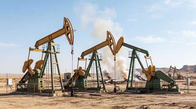 Oil Pump Jacks Working in a Desert Landscape Under a Clear Sky.