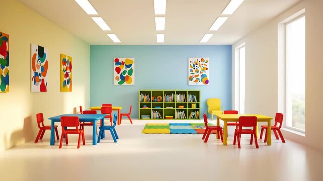 An empty white room transforms into a vibrant children's space. It becomes a colorful and inviting playroom or classroom.