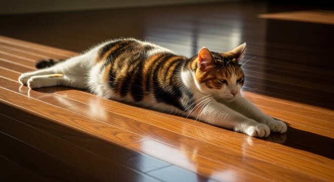 Calico cat stretching languidly across a sunbeam on a polished wooden floor indoors
