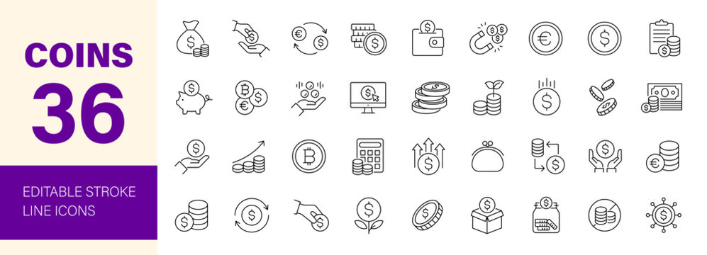 Coins icon set. Editable line icons. Vector illustration.