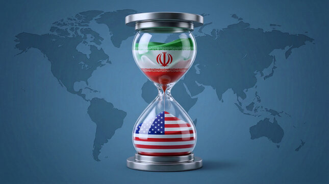 An hourglass with the flags of Iran and the USA on a world map background, symbolizing international relations and diplomacy.