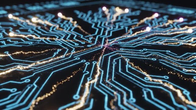 Futuristic circuit board glowing blue lines electronic pattern technology background digital network innovation abstract connection modern illuminated high tech energy flow data power
