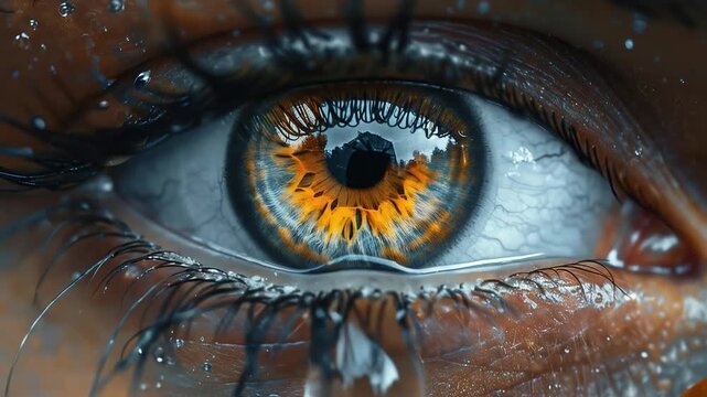 Human eye reflecting autumn landscape with golden trees and sky, unity with nature and seasonal change